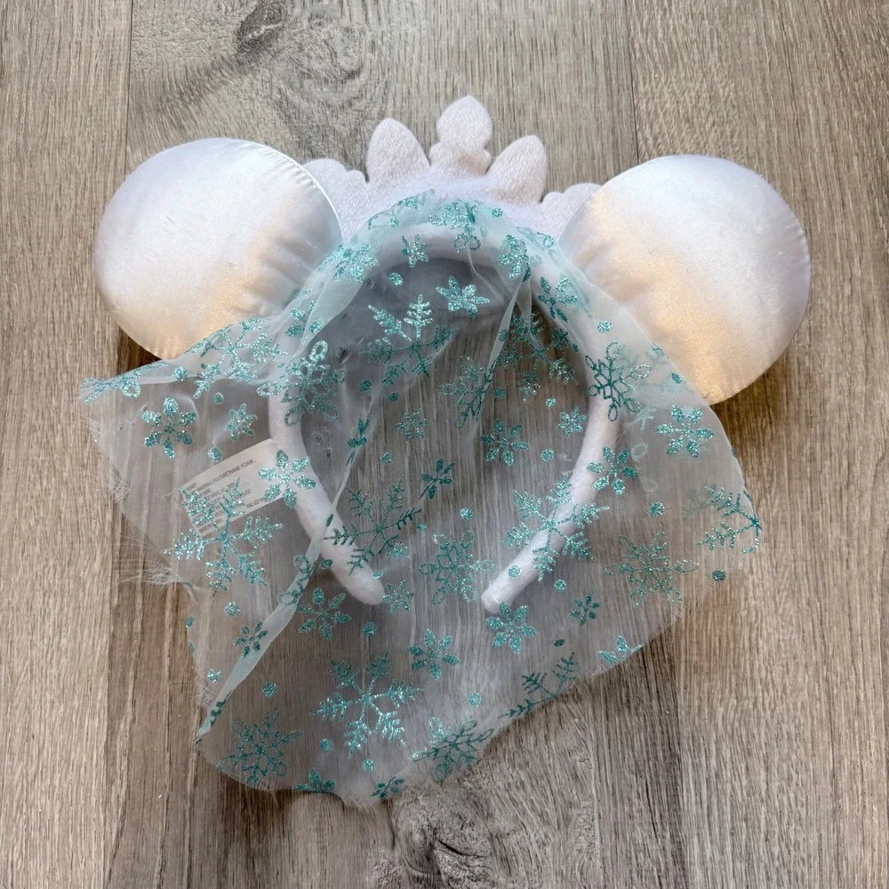 Disney Parks Elsa Frozen Minnie Mouse Ears Headband White Teal Tiara Veil Gem